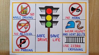 Road Safety Poster drawing for compitition Sadak suraksha poster drawing Traffic Rules drawing [upl. by Ilhsa432]