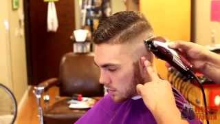 combover fade haircut with side part  hard part comb over  By Russ The Barber [upl. by Nnasor19]