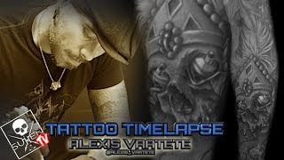 Tattoo Time Lapse  Alexis Vaatete  Tattoos Amazing Black and Grey Skull with Paint Influences [upl. by Shipman]