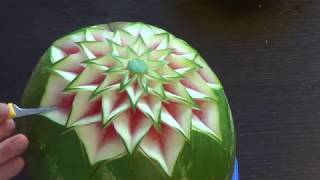 163 How to carve a star pattern watermelon with one knife  simple carving garnish for beginners [upl. by Eenyaj]