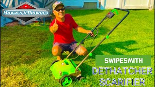 SWIPESMITH 13” 12Amp Electric Lawn Dethatcher Scarifier 4Position height Adjustment Foldable Handle [upl. by Fattal329]