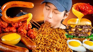 ASMR MUKBANG  Fried Chicken Black Bean Fire Noodles Triple Cheeseburger Sausage [upl. by Justis]