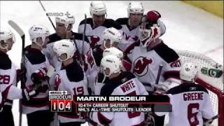 Martin Brodeur Sets Alltime Shutout Record w 104th Shutout [upl. by Ronalda245]