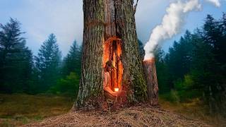 Building a Warm Secret Shelter deep inside a great OAK tree Clay oven [upl. by Yhtrod603]