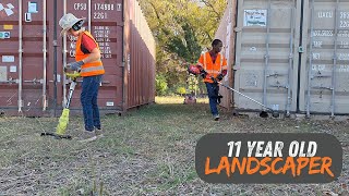 Kid mows neglected shipping container lawn that needed HELP neat overgrown grass PROPERTY Cleanup [upl. by Ayotyal]