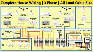 Complete house wiring  3 phase house wiring  Proper wire size MCB load design  SLD [upl. by Hsirk]