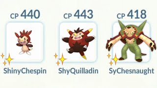 Shiny CHESNAUGHT Family BELOW 500 CP Vs Leader Cliff Pokemon Go [upl. by Yhtak]