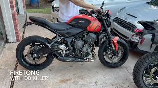 Firetong Willy Made Exhaust Sound Triumph Trident 660 OEM vs Firetong with amp without DB killer [upl. by Elletsirhc]