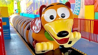 Slinky Dog Dash Roller Coaster  3 RIDES  Front Middle amp Back Row Toy Story Land Early Morning [upl. by Boyt]