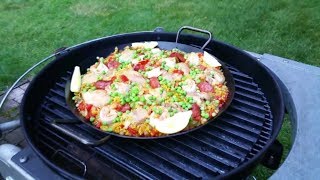 Paella cooked in the Lodge 15 Carbon Steel Skillet on the Weber Performer [upl. by Nelo]