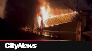 Kamloops Red Bridge collapses in fire [upl. by Atihana]