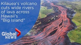 Dramatic aerials trace Kilaueas lava flow as it cuts across Hawaii into the ocean [upl. by Alrats]