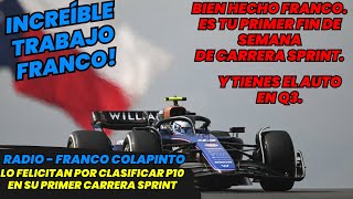 Radio Franco Colapinto Tras Clasificar en P10 en su primera Carrera Sprint F1 radio [upl. by Eibob]