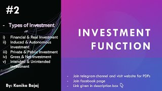 Types of Investment  Investment function  Induced Autonomous gross net  Part2  EK [upl. by Niret]