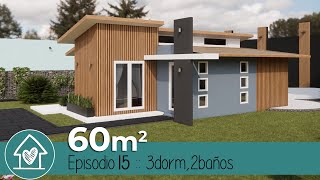 🔰 60m2  3 dormitorios 2 baños  Plano de Casa pequeña en 3D [upl. by Neelyhtak270]