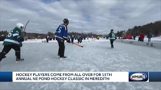 Hockey players from all over in Meredith for New England Pond Hockey Classic [upl. by Etterb]