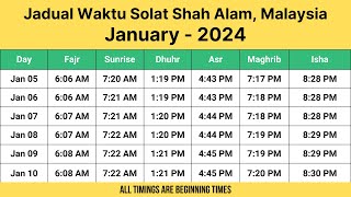 Jadual Waktu Solat Shah Alam Malaysia January  2024  Shah Alam Prayer Times [upl. by Sirkin]