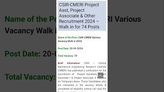 CSIRCMERI Project Asst Project Associate amp Other Recruitment 2024  Walk in for 74 Posts [upl. by Aciruam120]