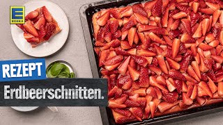 Leckere Erdbeerschnitten  Erdbeerkuchen mit Biskuitboden vom Blech [upl. by Natrav707]