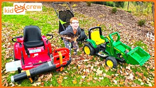 Collecting leaves with kids zero turn mower tractor and truck Educational leaf blowers  Kid Crew [upl. by Atcliffe21]