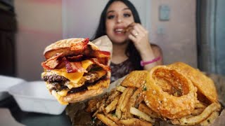 BURGERFI DOUBLE BACON CHEESEBURGER  URBAN STYLE FRIES W ONION RINGS MUKBANG EATING SHOW [upl. by Lunna]