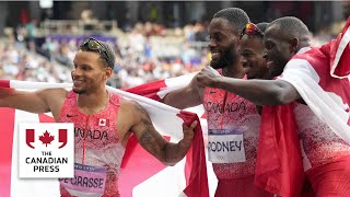 Canadian men’s 4x100 relay team on gold medal [upl. by Bogosian]