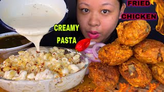 FULLY CREAMY MACARONI PASTA FRIED CHICKENCHICKEN LEG PIECE WITH SPICY CHILLI SAUCE MUKBANG  ASMR [upl. by Shamma]