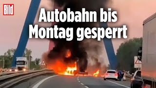 ZuckerLkw brennt auf A61 komplett aus  Rheinbrücke [upl. by Lleral]