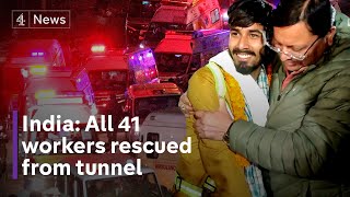 India 41 workers rescued after 19 days trapped in a collapsed tunnel [upl. by Selrac220]