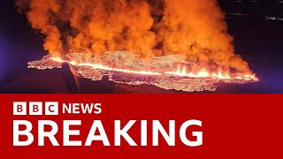 Iceland volcano erupts near village  BBC News [upl. by Ahseinat732]