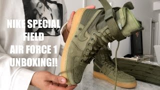 NIKE Special Field Air Force 1 Sneakers in Olive Green  Tan Sole Unboxing [upl. by Acireh]