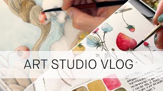 art studio vlog ✷ watercolor painting sketching swatching organizing [upl. by Towill]