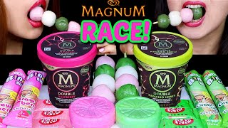 ASMR RACE PINK VS GREEN MAGNUM ICE CREAM PINTS DANGO MOCHI KITKAT CHOCOLATE CONES MONAKA 먹방 [upl. by Guillermo]