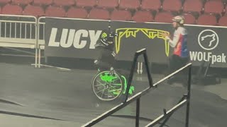 Aaron Wheelz performing stunts at Nitro Circus live at the KFC Yum Center 2024 [upl. by Enia714]