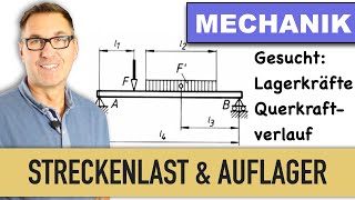 Stützkräfte am Balken  Lagerkräfte bei Streckenlast  Querkraftverlauf  Maximales Biegemoment [upl. by Anniala]