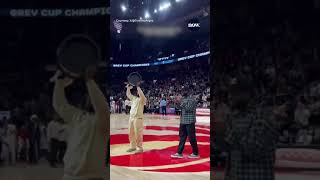 Argos celebrate Grey Cup win at Toronto Raptors game [upl. by Ahsinrats634]