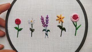 HAND EMBROIDERY FOR BEGINNERS  5 Amazing Flowers Embroidery Tutorial  Lets Explore [upl. by Shayla]