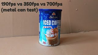 Airsoft 190fps vs 350fps vs 700fps Iced Coffee Metal Can [upl. by Harvison303]