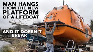 Man hangs from a new DIY expedition boat stern platform Lifeboat conversion Ep124 4K [upl. by Harvison]