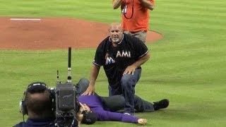 Wrestler Goldberg spears guy in purple on Legends of Wrestling Night [upl. by Wooster]