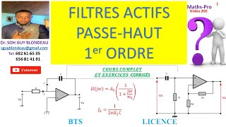 Filtre actif passehaut 1er ordre diagramme de Bode fréquence de coupure cours exercie corrigé [upl. by Marissa]