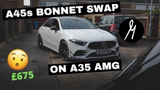 A45s Bonnet Swap On A35 AMG SaloonSedan  Mad Result W177V177C118 Mercedes Bonnet [upl. by Konyn]