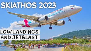 SKIATHOS Airport  Very Low landings and Jetblast departures 2023 [upl. by Akimyt462]