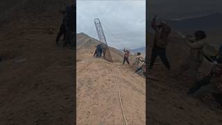 The process of manual installation of steel cage on pile foundation of high voltage electric pole [upl. by Lazar225]