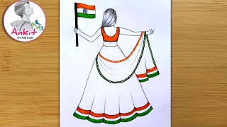 Republic Day Drawing Easy Steps  How to draw 26 January Drawing Easy StepTraditional Girl Drawing [upl. by Emirej]