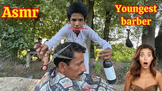 Asmr with youngest barber in the world fast haircut [upl. by Hanikas]