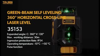 Tolsen Greenbeam selfleveling 360° horizontal crossline laser level INDUSTRIAL 35153 [upl. by Alo]