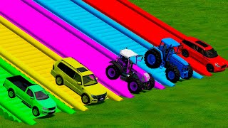 TRANSPORTING FIVE COLOR RIGITRAC JOHN DEERE LIZARD PICKUP MITSUBISHI LI  Farming Simulator 22 [upl. by Padegs]