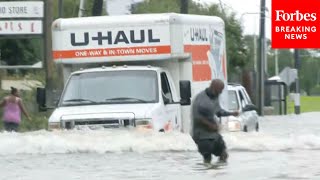 Flooding From Hurricane Beryl Makes Roadways Nearly Impassable For Pedestrians And Motorists [upl. by Atikin442]