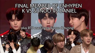 English subtitle FINAL MEMBER OF ENHYPEN SUNOO VS K VS DANIEL plus BTS reacting to Sunoo debuting [upl. by Aidile860]